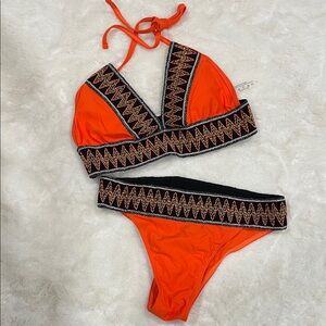 Vibrant Neon Orange Bikini with Zigzag Trim